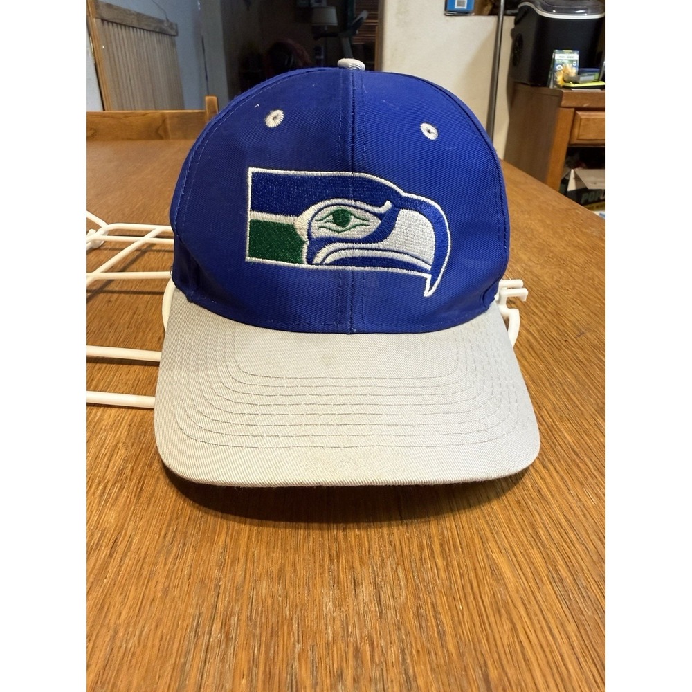 Vintage 90s Seahawks Logo 7 Snapback Hat Blue Gray NFL Block Logo Cap USA Era